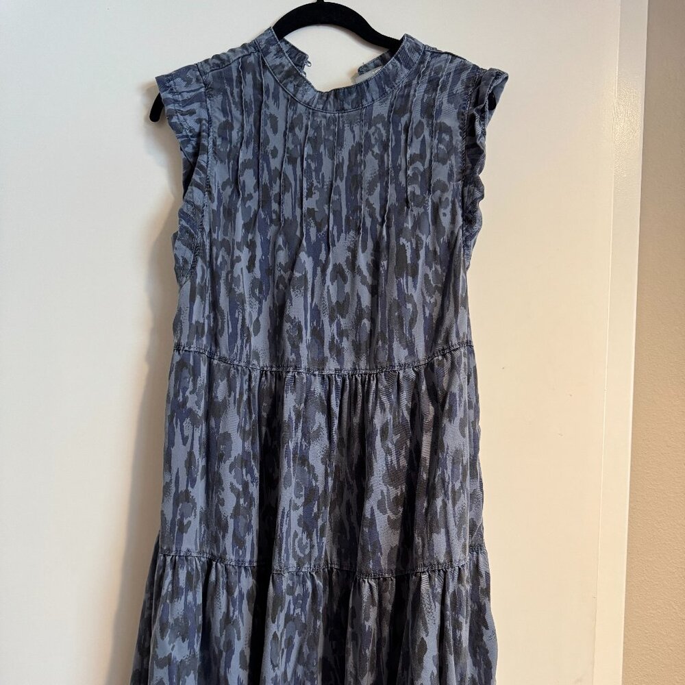 Anthropologie Jenee Tiered Tunic Dress Blue Animal Print Denim